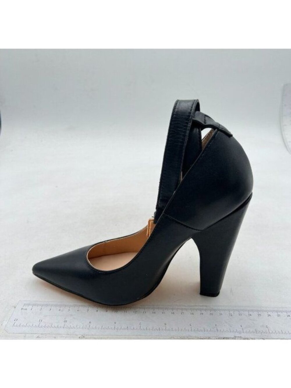 Women Elegant Pointed Toe Pumps Ankle Strap Crystal Chunky High Heels Black